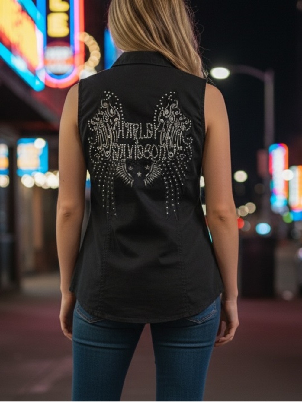 Harley-Davidson Black Sleeveless Studded Button-Down Shirt